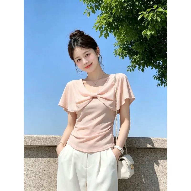 2026 Summer New Fashion French Gentle Style Pink Bow T-shirt Shawl Design Foreign Style Versatile Top