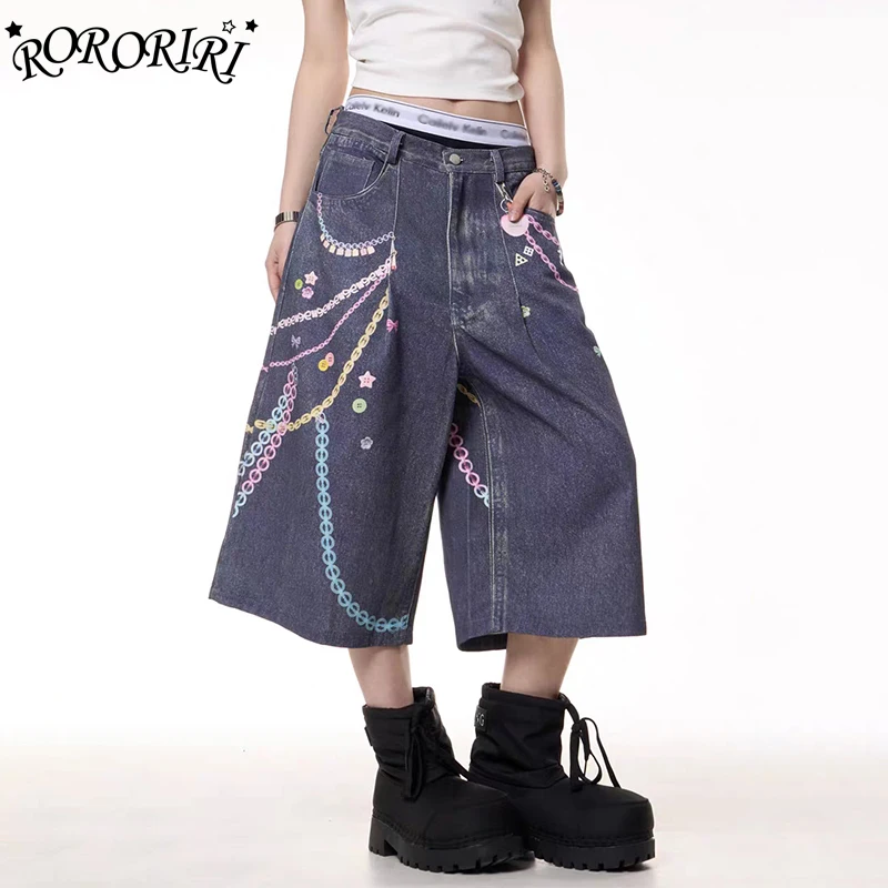 

RORORIRI Мешковатые джинсы с цветным принтом цепочки Jorts Женские плиссированные шорты с высокой талией Do Old Wide Leg Повседневные джинсовые шорты Винтажная одежда Y2k