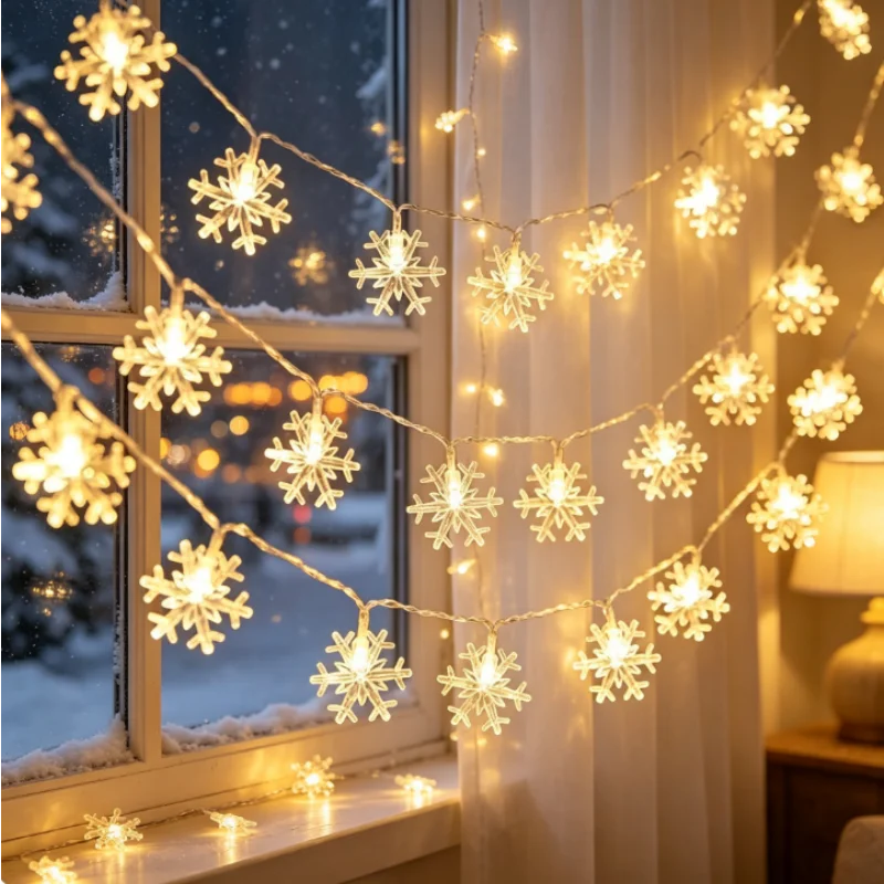 Battery Powered Snowflake Lights, Christmas LED String Lights for Tree Bedroom Home New Year Holiday Decor