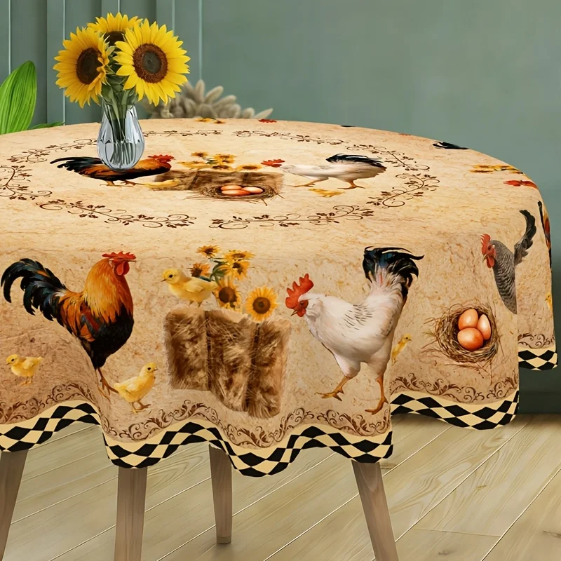 One chicken-themed tablecloth, 59.06 inches, rural farmhouse chicken design polyester round table cover.zyc