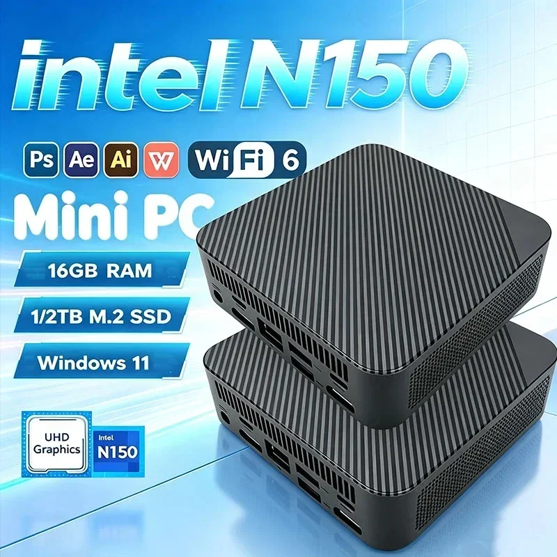 New Mini PC Computer Intel N150 Windows 11 Pro Desktop Gaming PC 16GB RAM 1TB 2TB M.2 SSD WiFi6 BT5.2 Type-C Portable PC Gamer