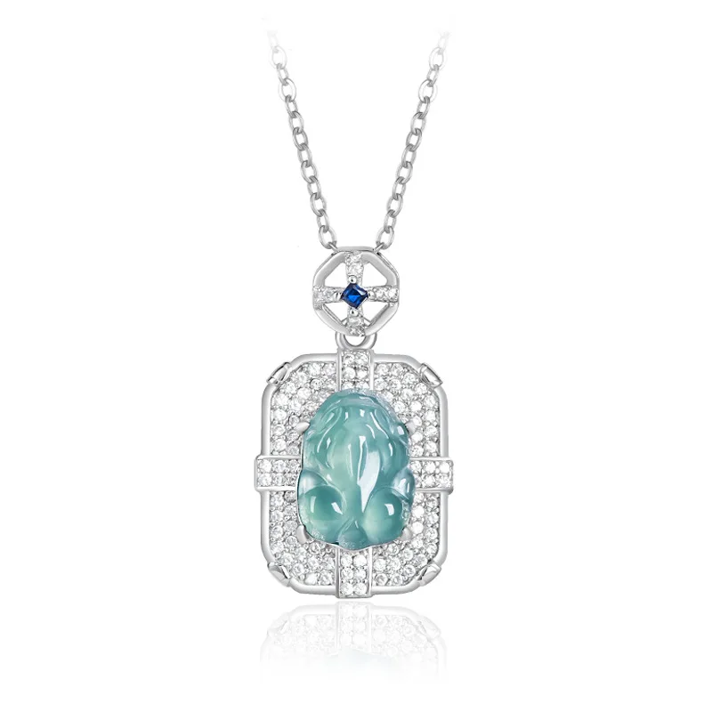 

Natural A-grade Jade Blue Water Small Pixiu Pendant S925 Silver Inlaid With Ice Jadeite Leather Mound Women's Charms Jewelry
