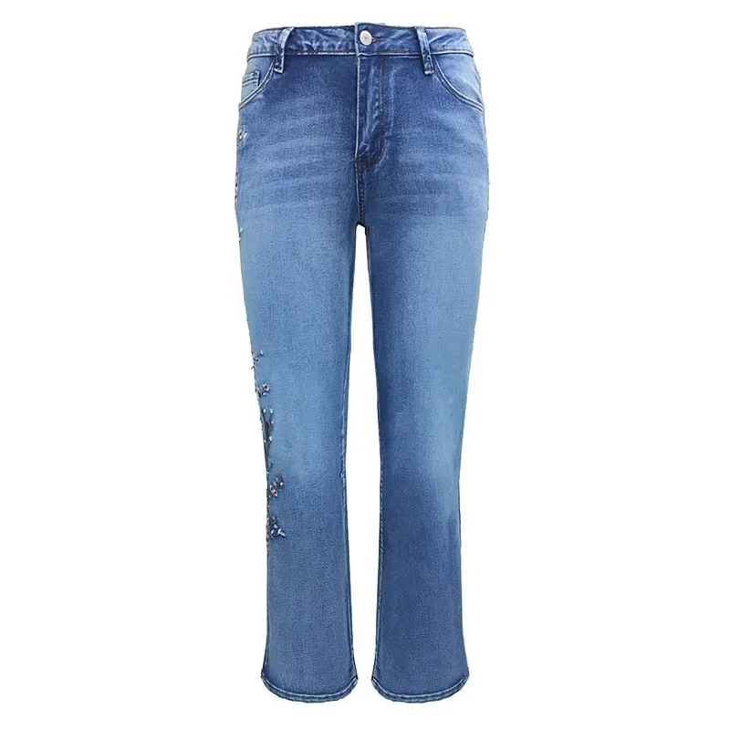 Fashion Slim-fit Embroider Flower Micro-elastic Long Jeans Women Spring and Autumn New Retro High-waisted Micro-flared Jeans,