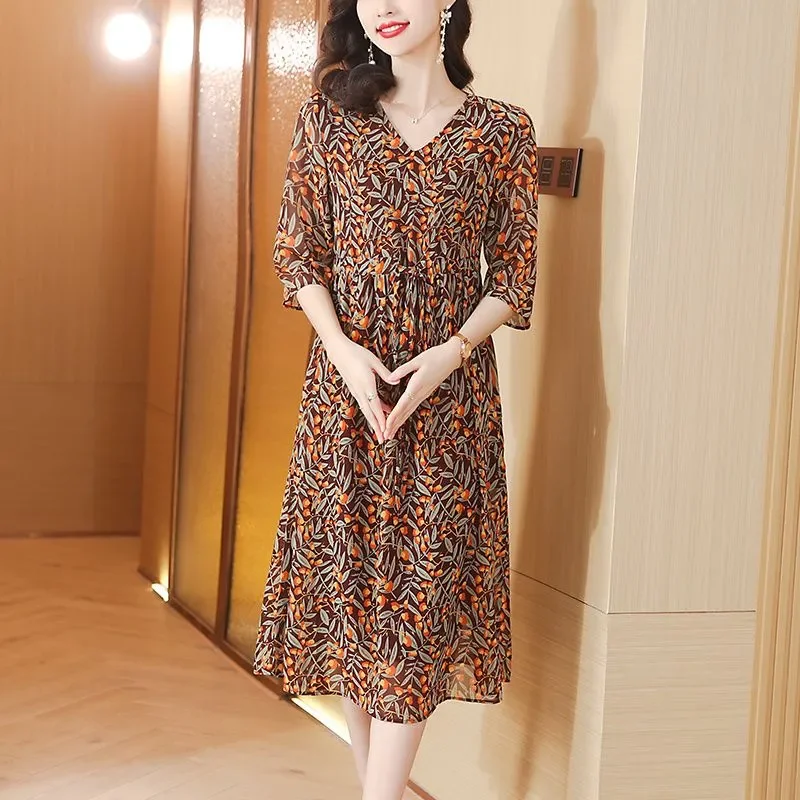 Women's Georgette Floral Chiffon Dress Summer V Neck Three Quarter Sleeve Tie Waist Midi Dress Loose Casual