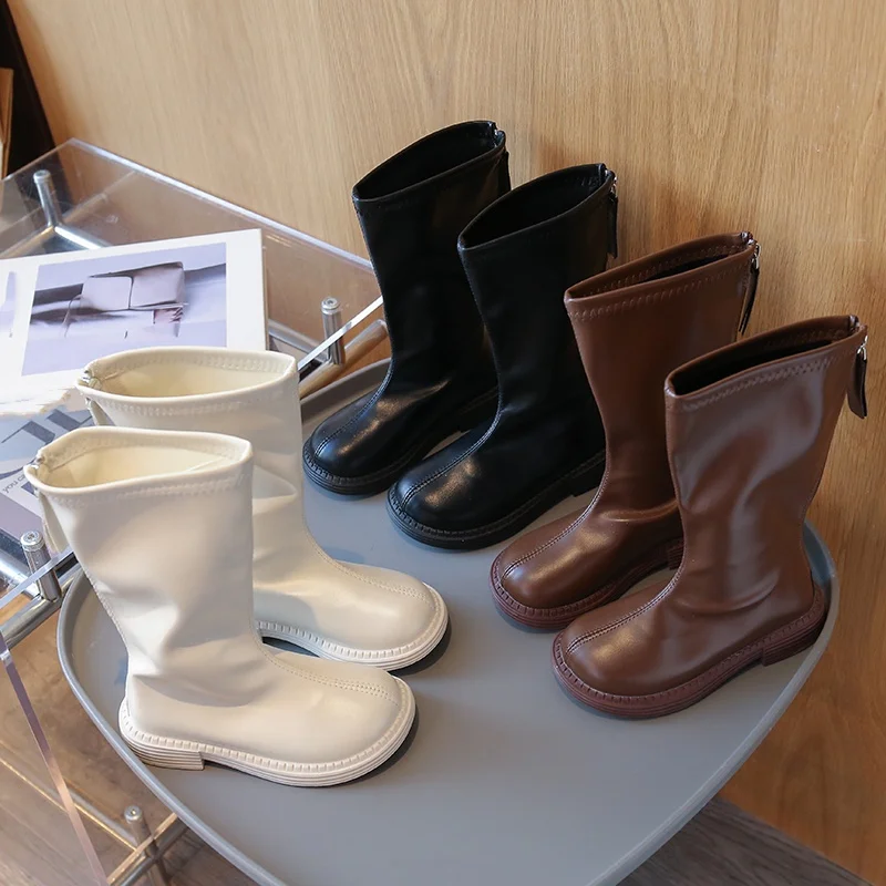 

Модные и удобные элегантные высокие сапоги на молнии для девочек, новые зимние повседневные детские ботинки с круглым носком на толстой подошве