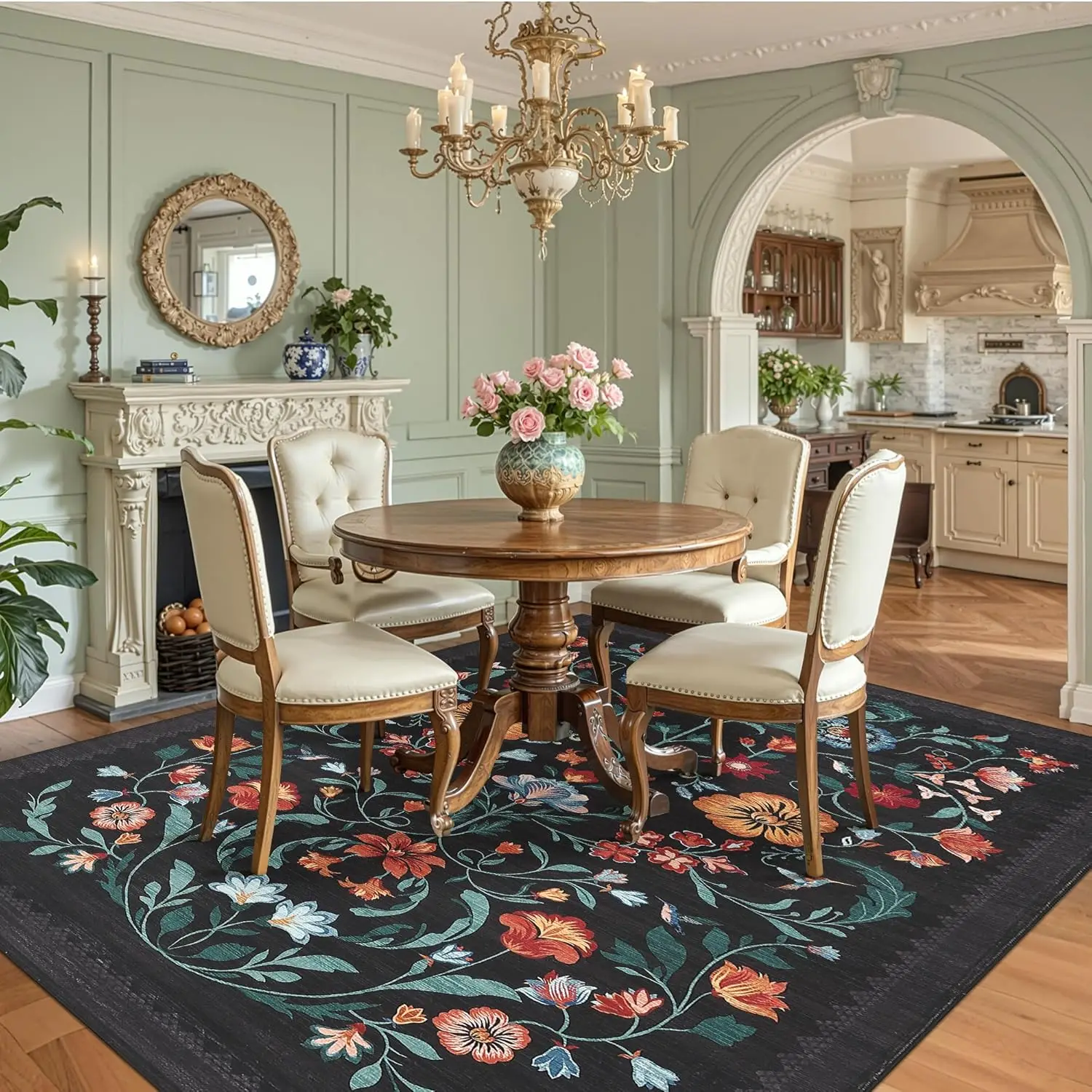 Floral Rug for Bedroom, Soft Vintage Non Slip Throw Rugs with Rubber Back,Low Pile Stain Resistant Boho Floral Carpet for Dining