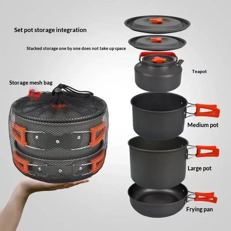 Portable Aluminum Camping Cookware Kit Lightweight Outdoor Cooking Set with Pots Pans for Hiking Picnic Travel Supplies ﻿