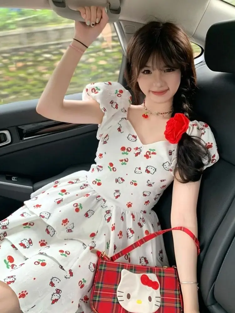 

Sanrio Hello Kitty Dress For Women Cartoon Kawaii Kitty Printing Summer Dress Puff Sleeve Kawaii A Line Princess Bubble Dress