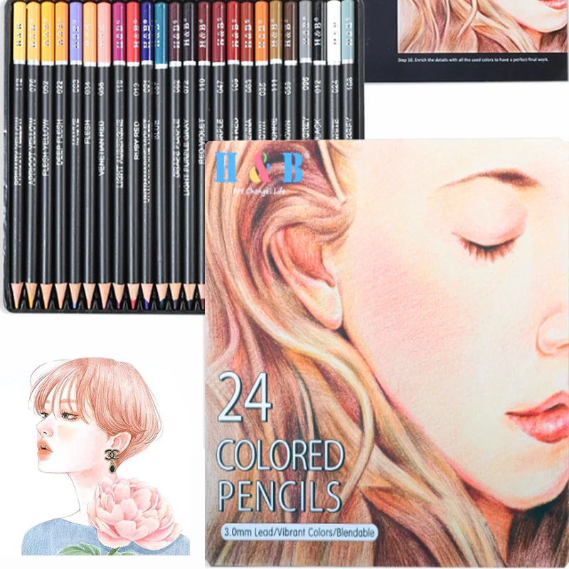 Imagem -04 - Lápis h & B-color para Crianças e Adultos Conjunto Profissional de Desenho Oleoso Esboçando Colorir Papelaria Escolar Estudante Adulto 24 Pcs