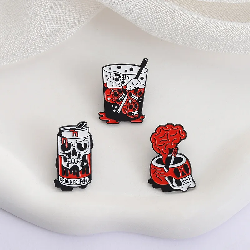 1 قطعة/3 قطعة فاسق الرعب الأحمر الدم الجمجمة يمكن شرب دبابيس للنساء الرجال القوطية الفن الإبداعية المينا دبوس شارات هدايا للأصدقاء