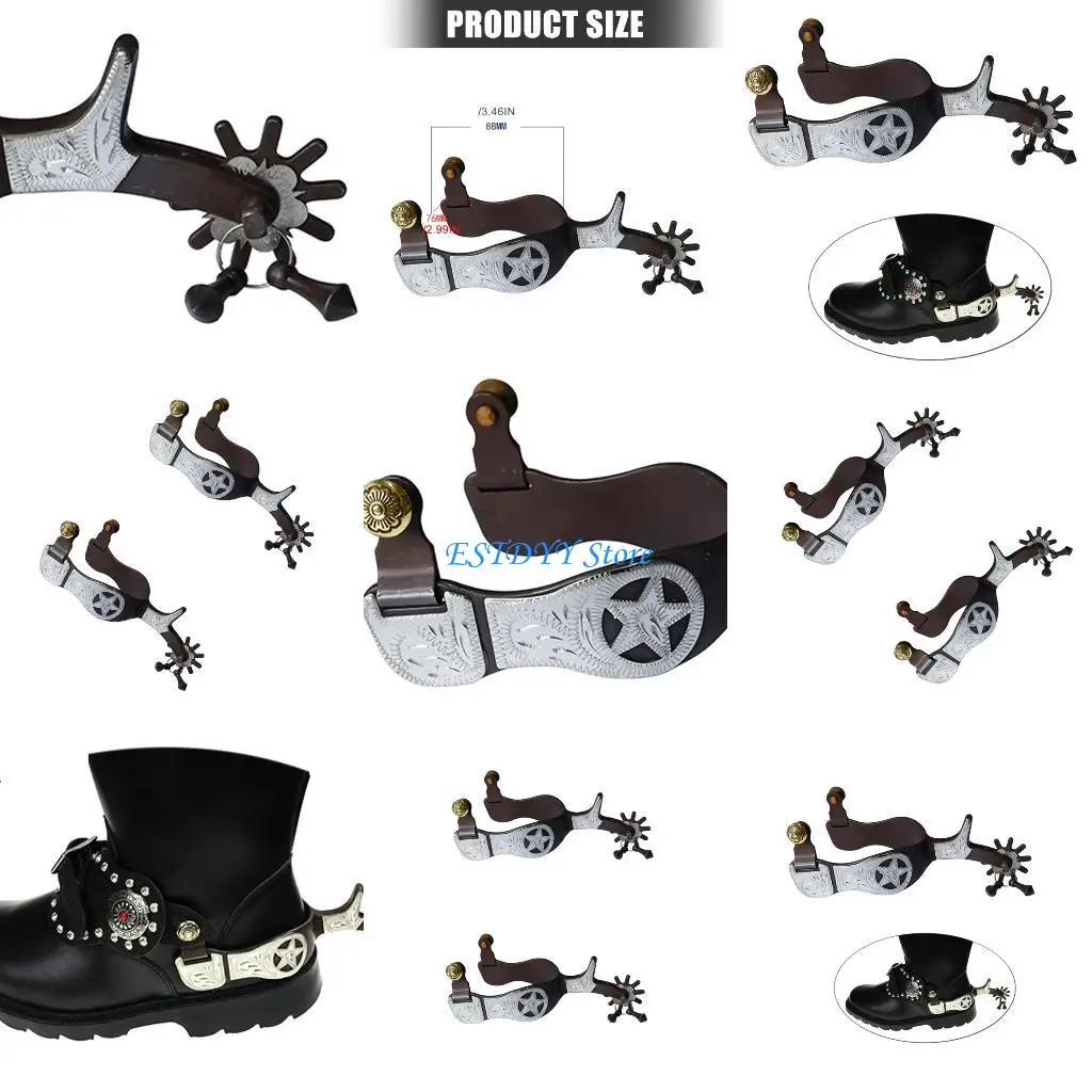 

G6DE 2Pcs Iron Western Spurs Features German Silver Decoration Coppers Drop Buckles