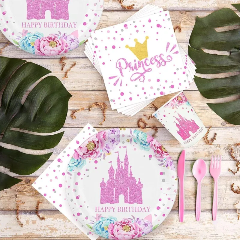 The New Pink Princess Castle Theme Girls Birthday Party Supplies Paper Cups Paper Towel Tableware Suit To Decorate Adornment