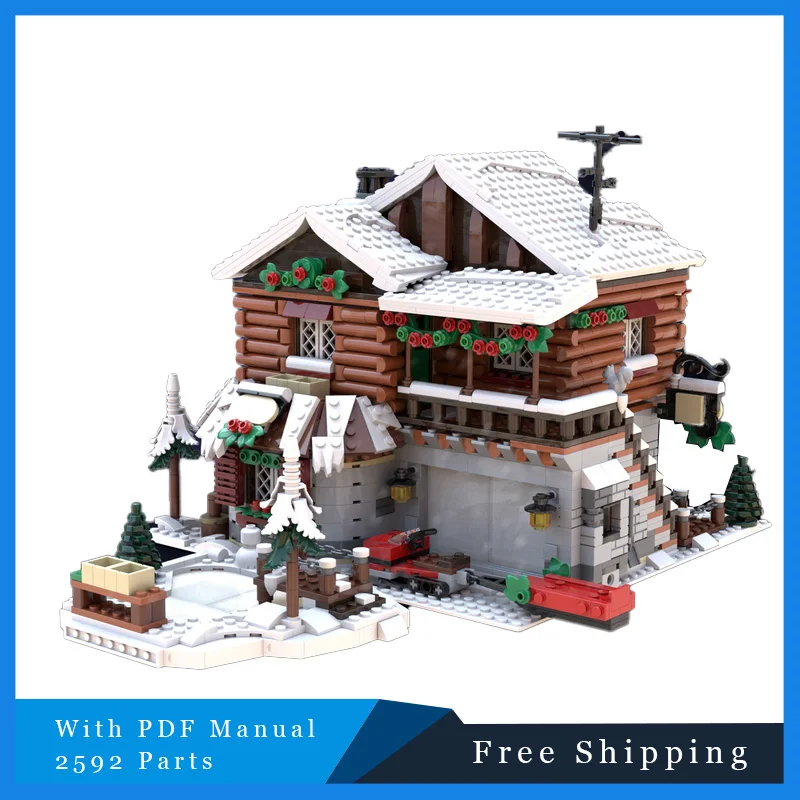 2592 piezas de casa de madera de montaña nevada, tecnología Modular, bloques de construcción MOC, modelo de ensamblaje, juego de juguetes, regalo de Navidad para niños