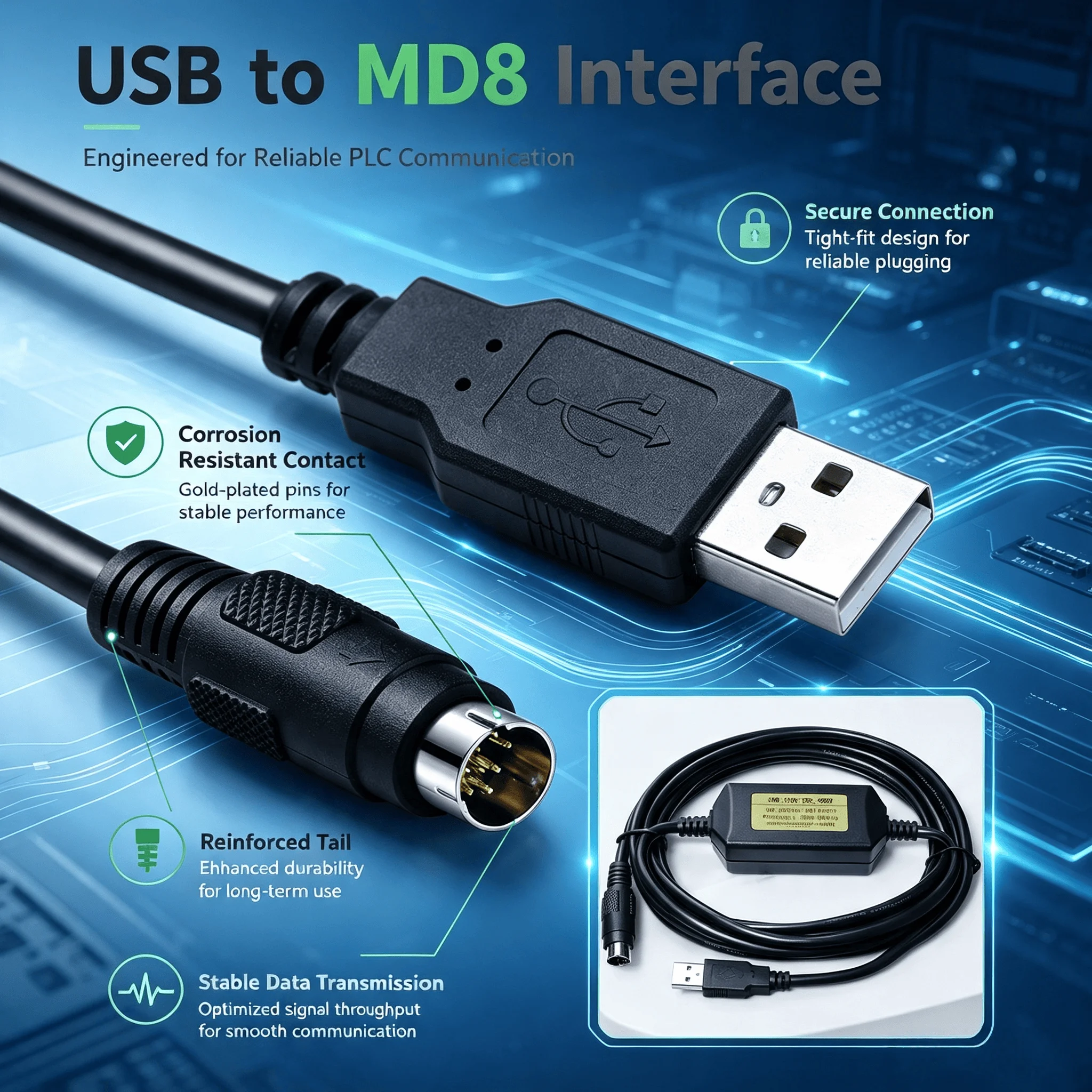USB-1761-CBL-PM02 PLC Programming Cable for AB MicroLogix 1000 1200 1400, CH340 USB to MD8 Communication Cable, 3m