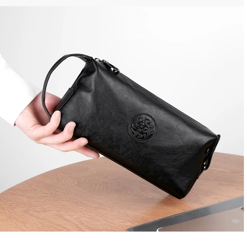 Cartera de cuero genuino para hombre, cartera de mano delgada con cremallera larga, monedero con tarjetero, bolso para teléfono