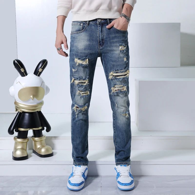 Street fashion motorcycle jeans men's ripped skinny trendy casual stretch slim fit Blue small feet handsome pants
