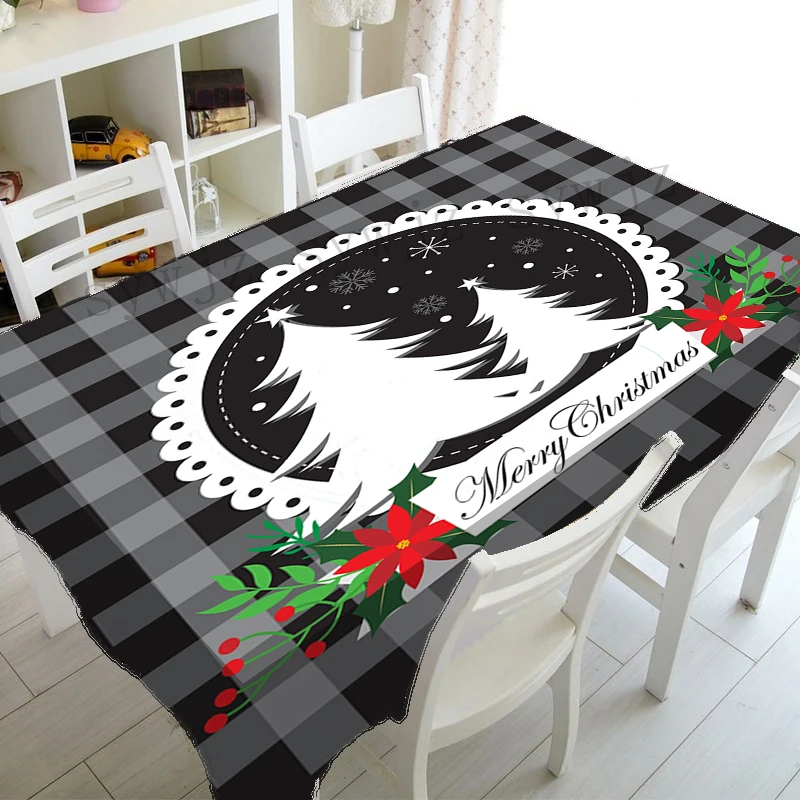 Christmas Black and White Checkered Tablecloth Christmas Flower Pattern Decoration Anti-Stain Festive Dinner Party Decoration