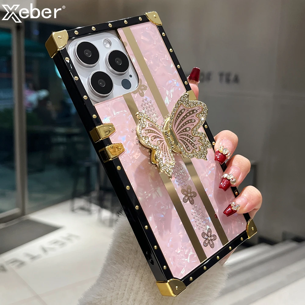 Luxury Laser Shell Pattern Case For iPhone 15 Pro Max 14 13 12 11 Diamond Butterfly Stand Holder Shockproof Hard Bumper Cover