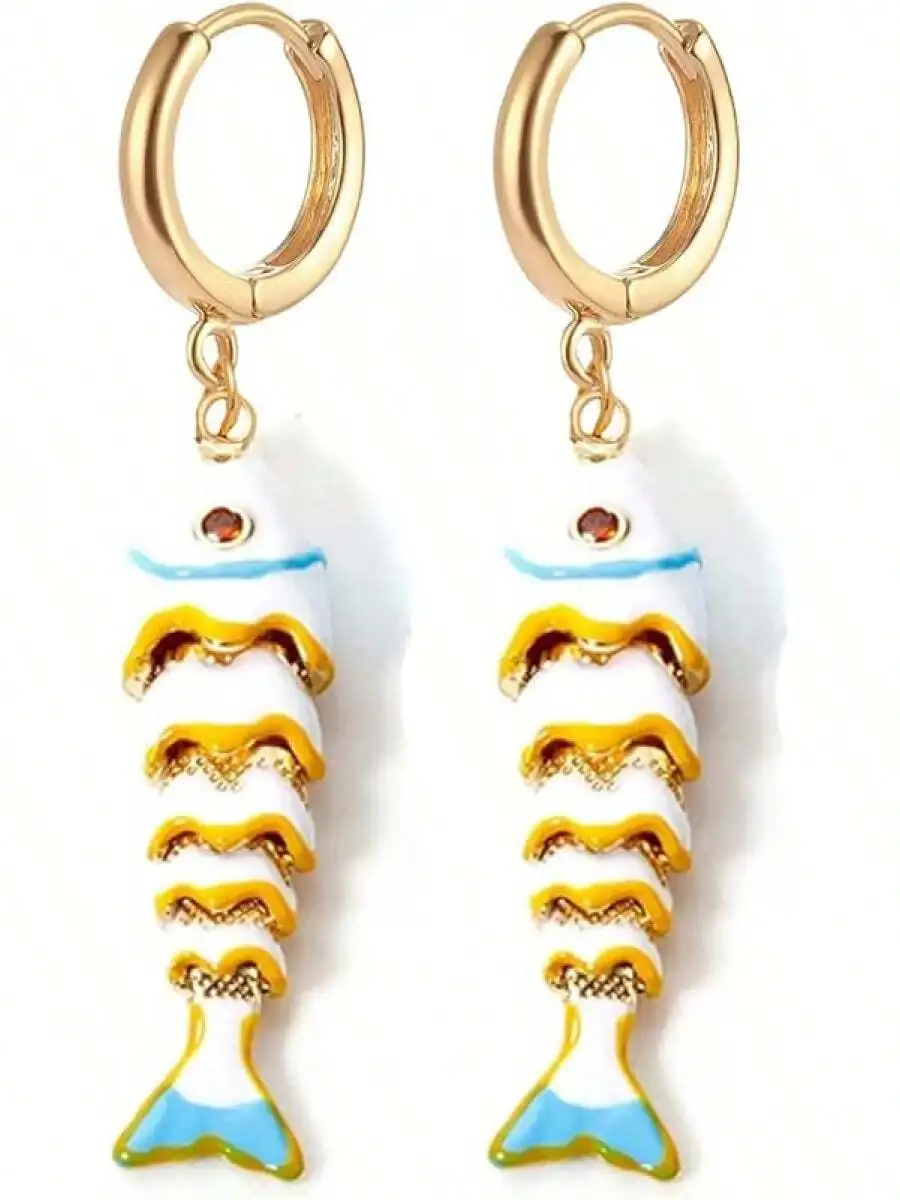 Pendientes Boho con Forma de Pez para Mujer, Aros Dorados con Esmalte Estilo Océano, Joyería de Moda