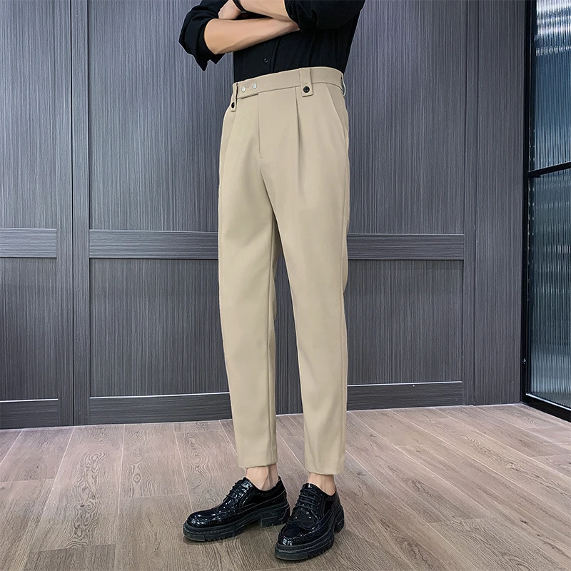 

Autumn Winter Men's Casual Pants Versatile Buckle Decoration Business Suit Pants Fashion Wedding Party Office Social Trousers