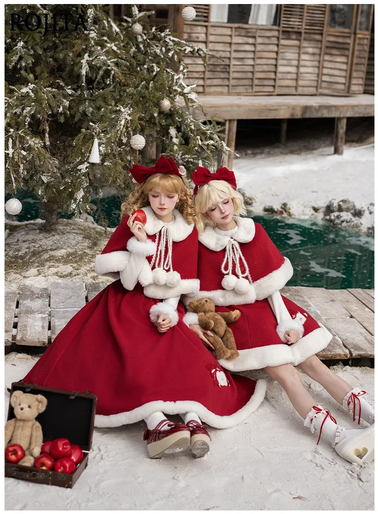 

Elegant Long Corset Dress with Playful Short JSK Cape Set Winter Outfit with Fluffy White Stripe Decoration Lolita Dress