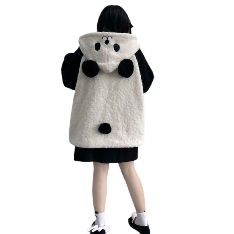 

Women Winter Faux Fleece Hoodies Jacket Harajuku Kawaii Cartoon Panda Ears Long Sleeve Sweatshirt Oversized Button Down Plush