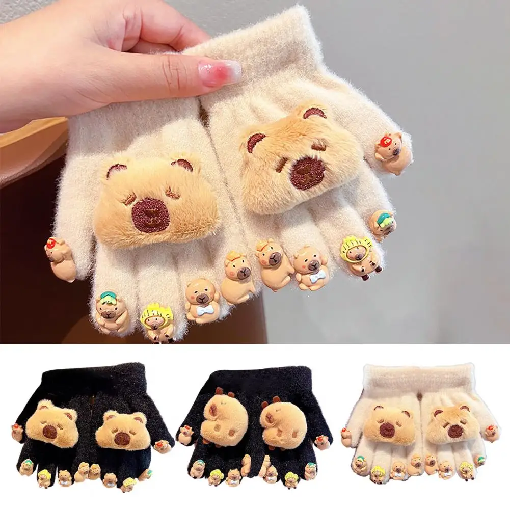 Cute Cartoon Capybara Winter Child Gloves Five Finger Cold-proof Warm Outdoors Boys Girls Mitten Knitted Fluffy Bear Gloves