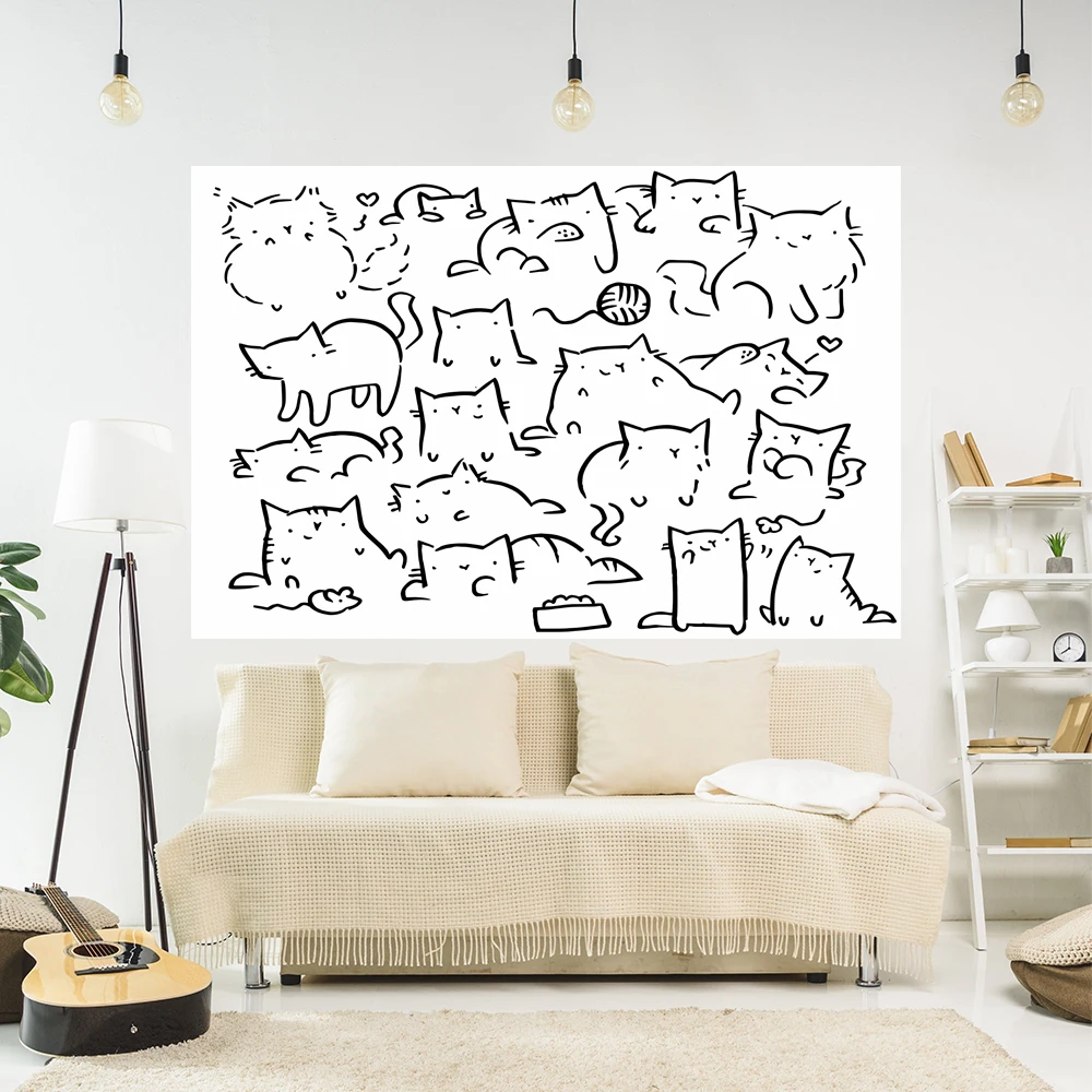 XxDeco Kawaii Stick Figure Tapestry Cartoon Cat Printed Background Cloth Wall Hanging Room Decor Sofa Blanket Beach Mat