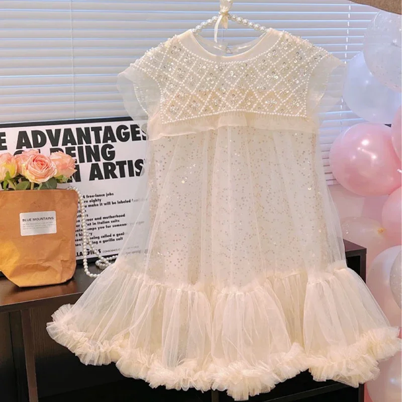 Girls Tulle Super Fairy Princess Dresses Fly Sleeve Rainbow Star Sequined Cake Dress Children Mesh Puffy Birthday Party Vestidos