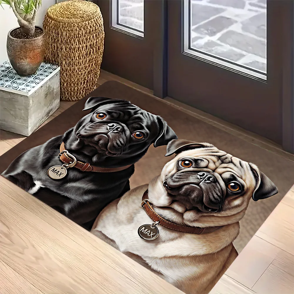 Realistic Two Black & Fawn Pug Dog Doormat Custom Name Tag Pet Portrait Print Non Slip Washable Front Door Entrance Floor Rug