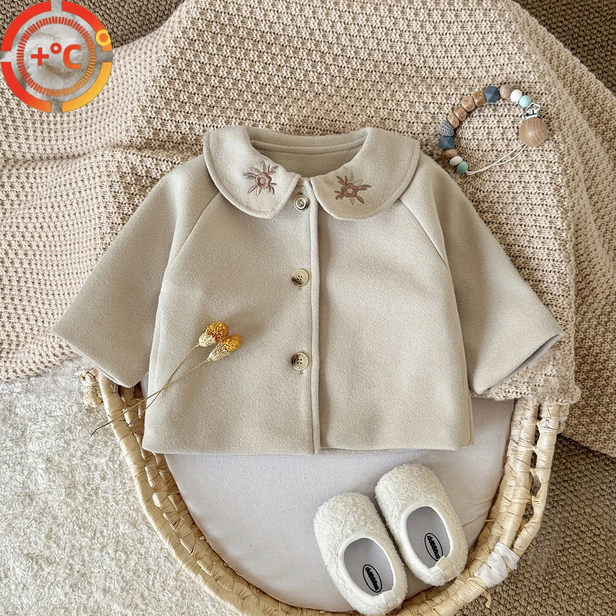 Vintage Baby Lapel Coat Beige/Camel Woolen Fabric Cute Sun Embroidery Warm Outerwear 0-3Y Infant Toddler Autumn Winter Jacket