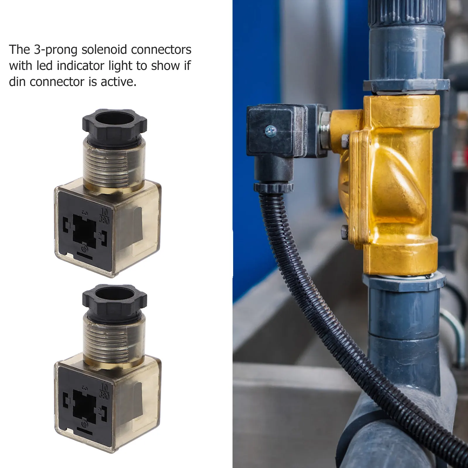 3Pcs Solenoid Valve Connector Brown 3 Prong Coil Plug Indicator Light Hydraulic Solenoid Coil Connector Junction Box