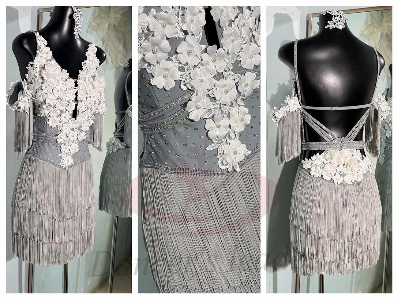 ラテンダンスの大人と子供のドレス、ラインストーンのハイエンドカスタムグレーの花柄ドレス、正確なタンゴの婦人服