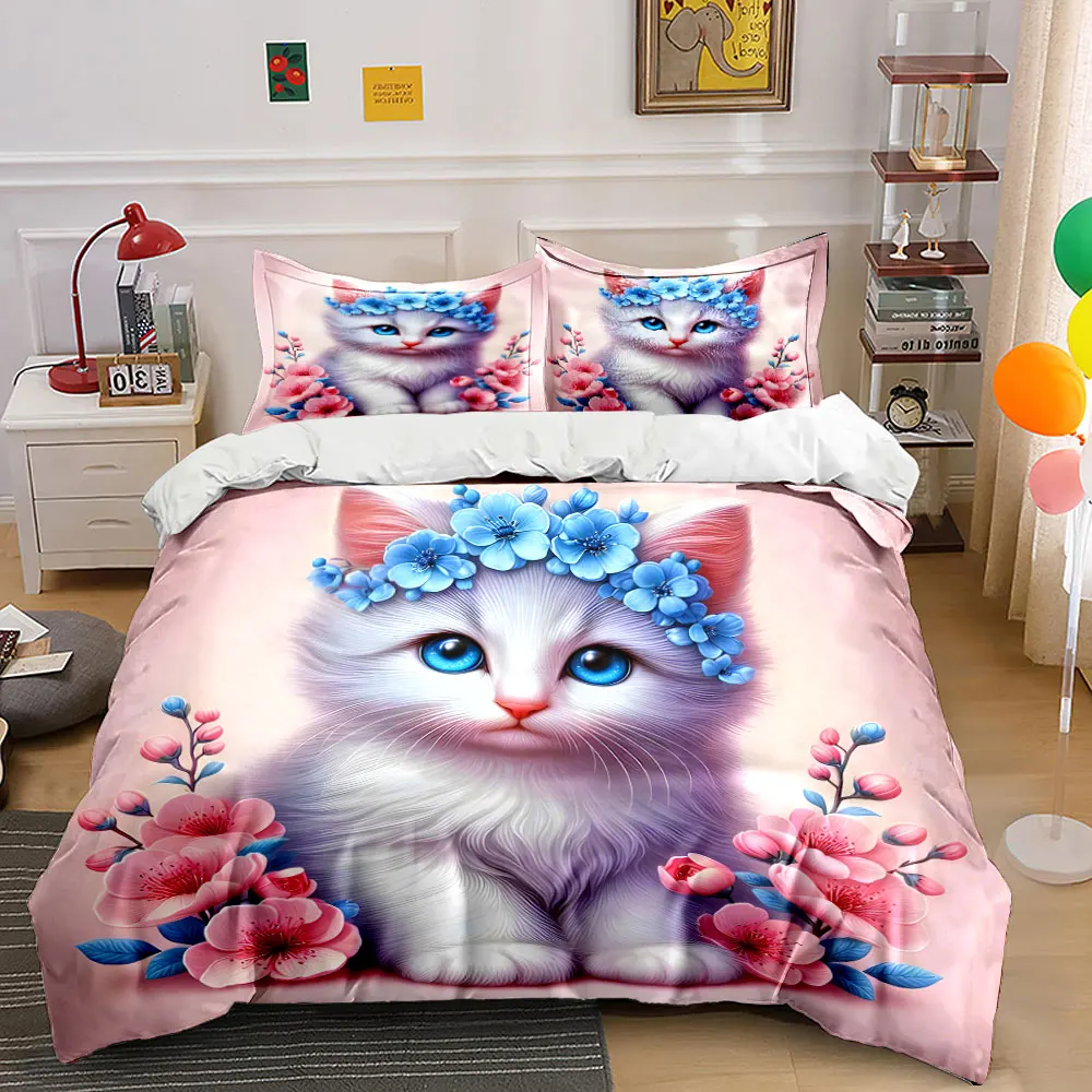 White kitten with floral wreath Duvet Cover Set with 3D Printing Design Soft Polyester Bedding Set All-Season Comfort