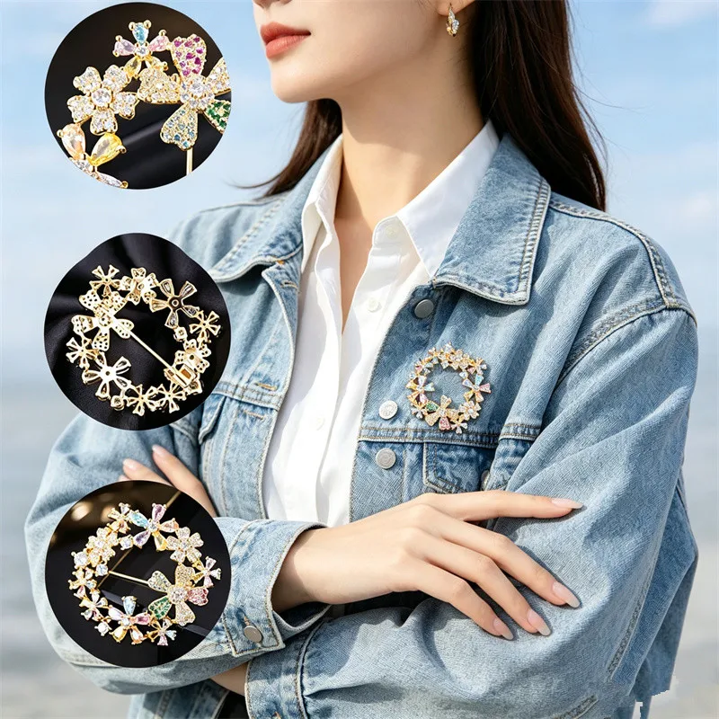 Color Cubic Zircon Hollow Out Wreath Flower Brooch Pin Women Elegant Crystal Brooches Fashion Jewelry for Banquet Suit Overcoat