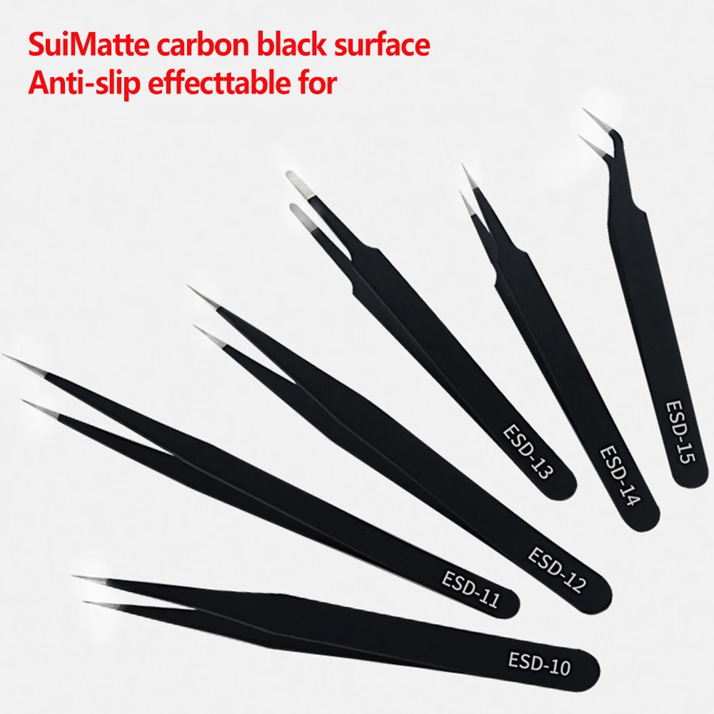 6pcs Precision Tweezers Set ESD Anti-Static Stainless Steel Tweezers Repair Tools for Electronics Repair Soldering Craft Tools