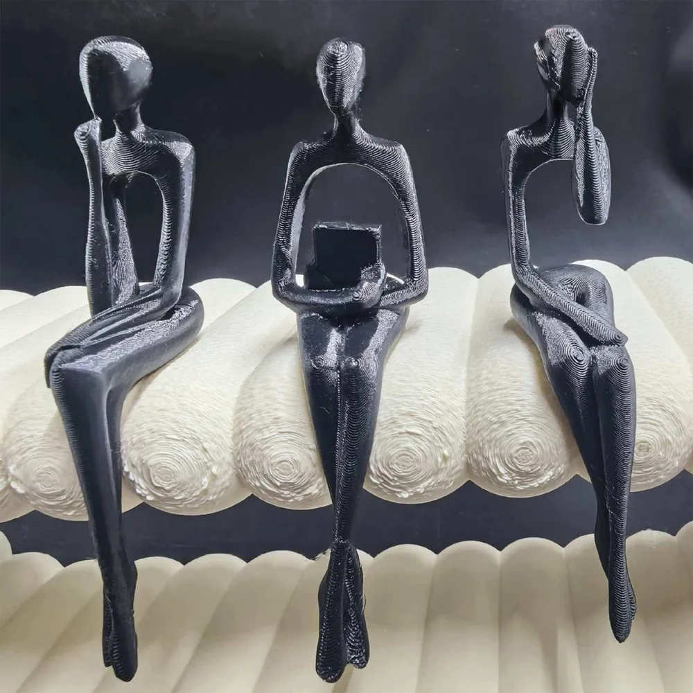 3Pcs Minimalist Abstract Sitting Human Sculpture Set Long Leg 3D Printed Hollow Reading Thinking Figurine Handmade Plastic