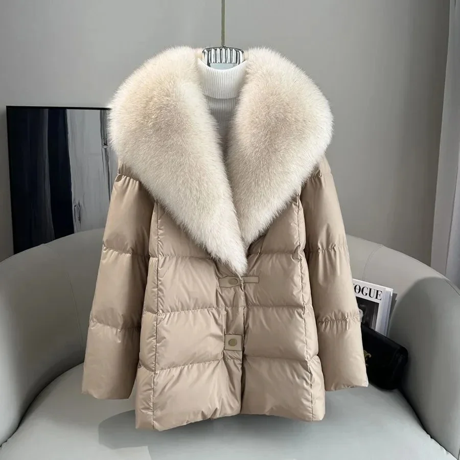 2025 Winter New Medium long Loose White goose Down Coats High end Faux Fox fur detachable Large Lapel fur Down Jacket For women
