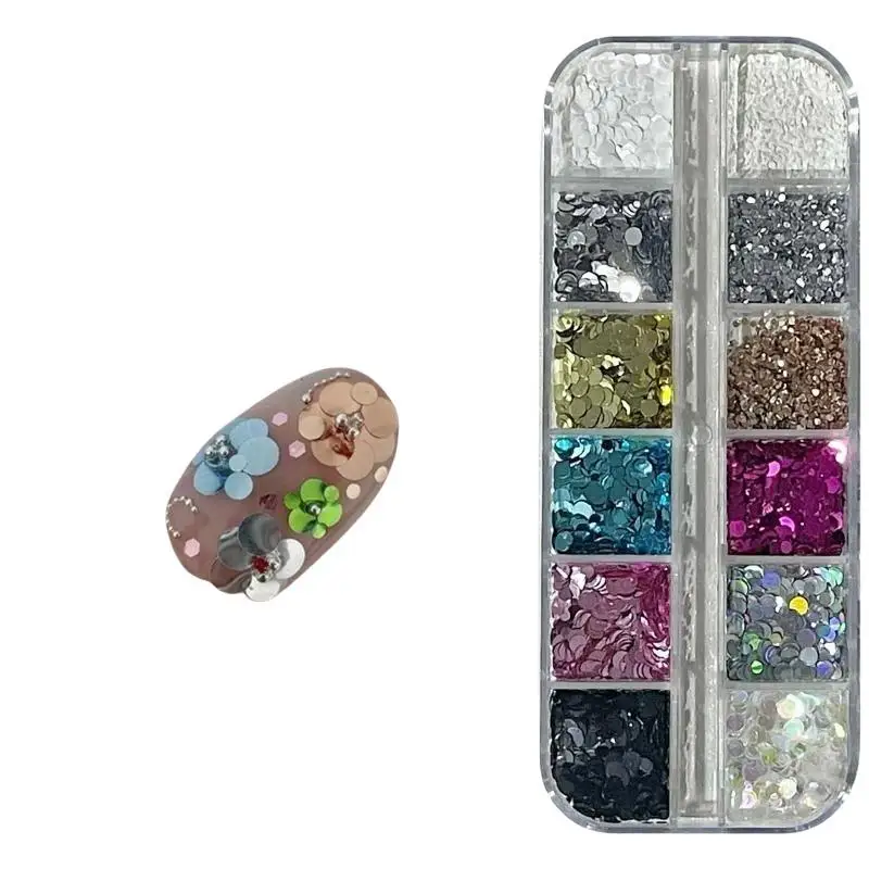 12 Fächer Runde Punkt-Blumen-Nagelkunst-Pailletten mit Glänzendem Glitzer in Verschiedenen Farben für DIY Nagelstudio Maniküre Dekoration – Detail 11