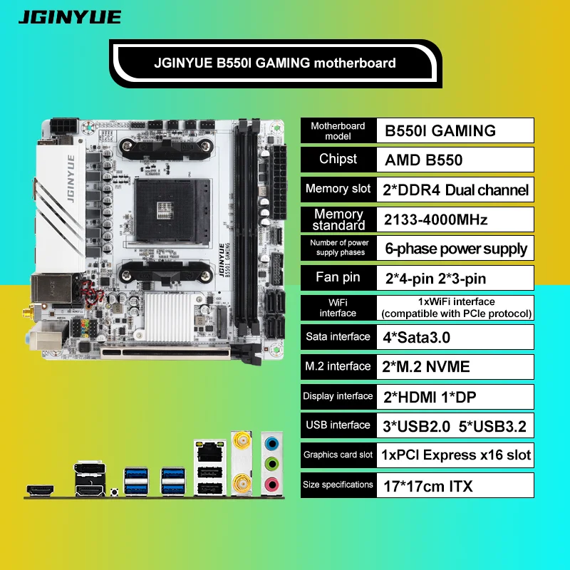JGINYUE AMD NEW B550 AM4 Mini ITX Motherboard Supports Ryzen R5 4000/5000 Series Processors DDR4 RAM PCI-E 4.0 B550i GAMING