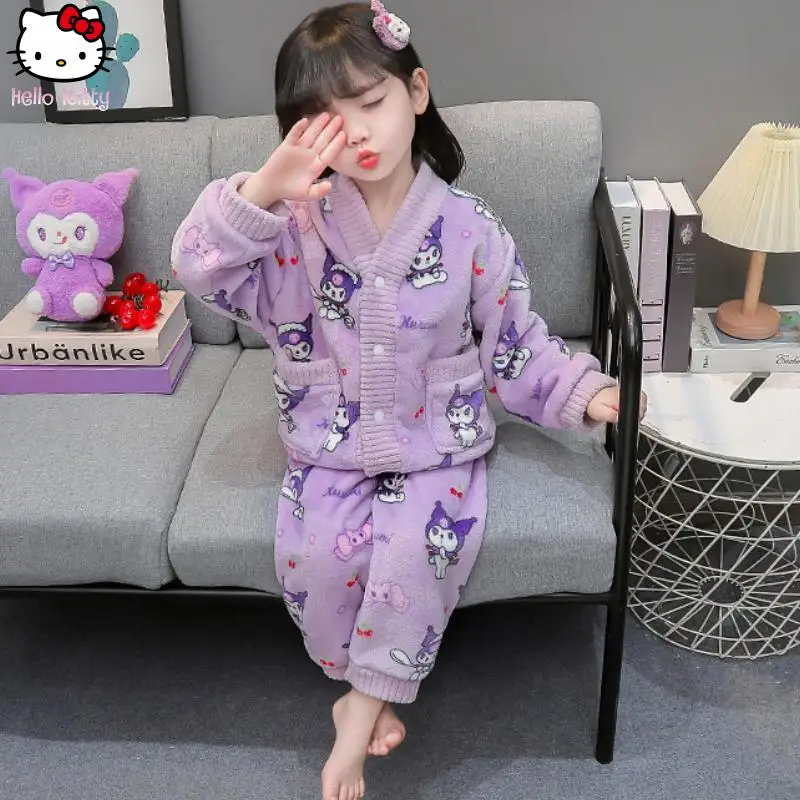 ملابس الفتيات كورومي الكرتون الدافئة منامة مجموعة أنيمي جديد Kawaii الخريف الشتاء طالب سانريو سترة سميكة ملابس المنزل الحلو
