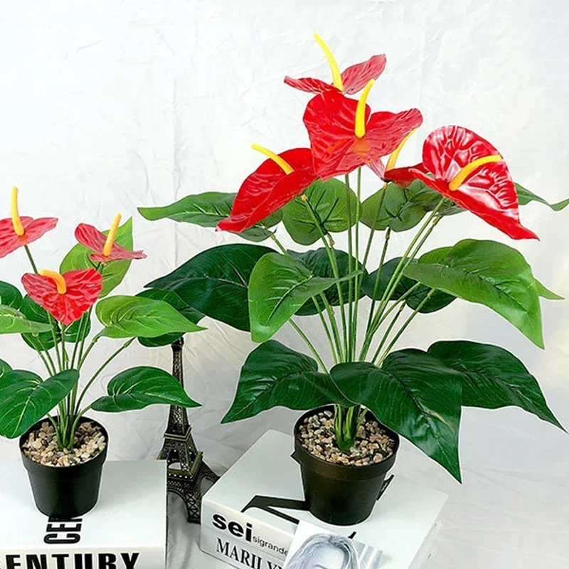 18 Heads Artificial Anthurium Red Green Plastic Plants Home Garden Living Room Bedroom Decoration Fake Plants Home Decor