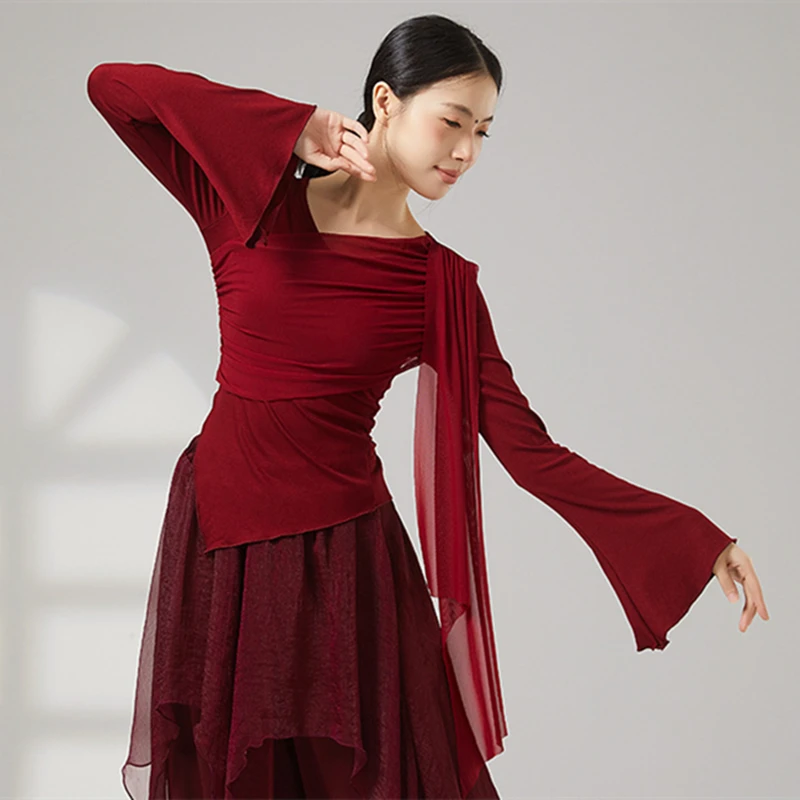 Abito da ballo moderno Top da donna Manica a rete svasata Camicia fluida in tulle con giunture Orlo irregolare Abiti da allenamento quotidiano Stage Yoga Chic Tee