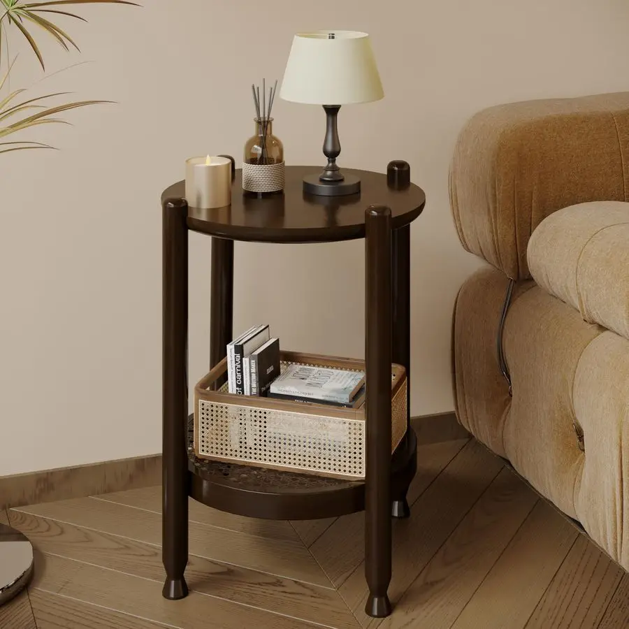 

Round End Table for Living Room, 2Tier Rustic Wood Center Table for Home Decor with Boho Woven Rattan Storage Shelf Modern Farmh