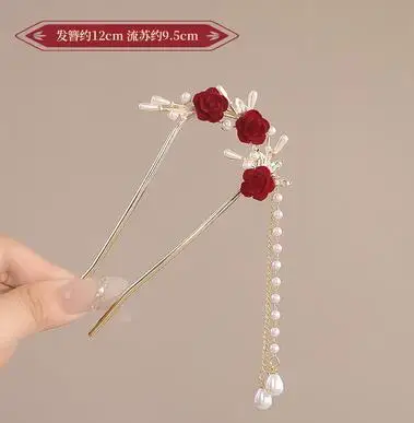 Re Flower Hairpins New Chinese Hanfu Hair Accessories Rose Floral Tassel Metal Hair Stick Cintage Wedding Bridal Hair Clasp Gift image 6