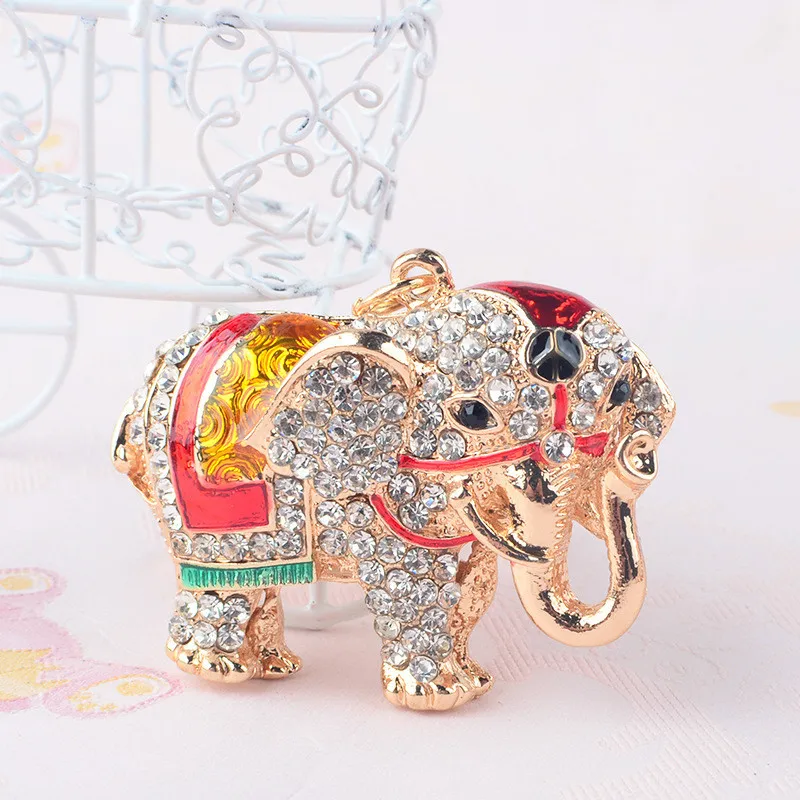 3D Auspicious Elephant Key Holder Chains Whole Enamel Colorful Crystal Bag Pendant Keyrings KeyChains For Women