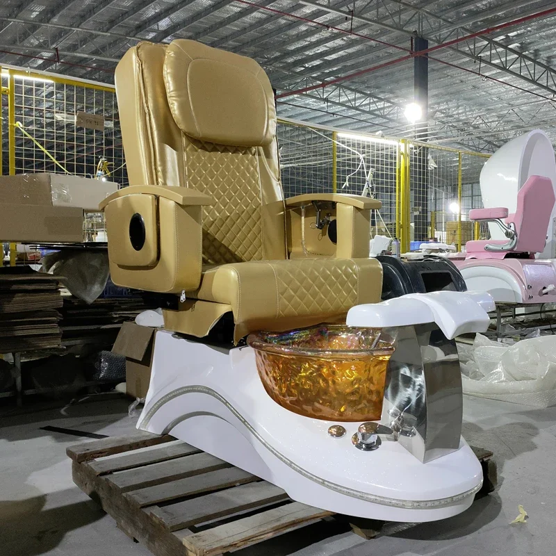 Popular Electric Reversible Gold Foot Massage And Pedicure Chair With Massage And Drain Pump With Colorful Lights For Nail Salon