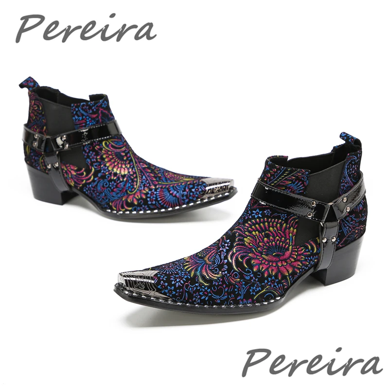 Men Retro Flower Embroidery Ankle Boots Iron Pointed Toe Buckle Strap Chelsea Boots British Style Party Business Dress Sho Es