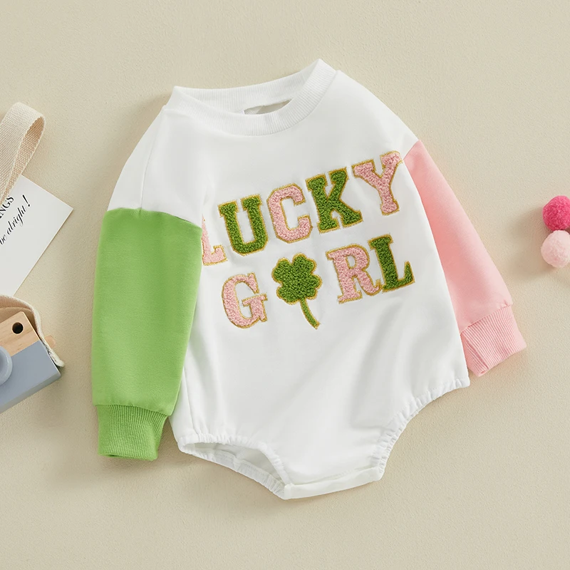 Infant Jumpsuit Adorable Long Sleeve Crew Neck Embroidered Clover Pattern Autumn  Outfit for Baby Boys and Girls