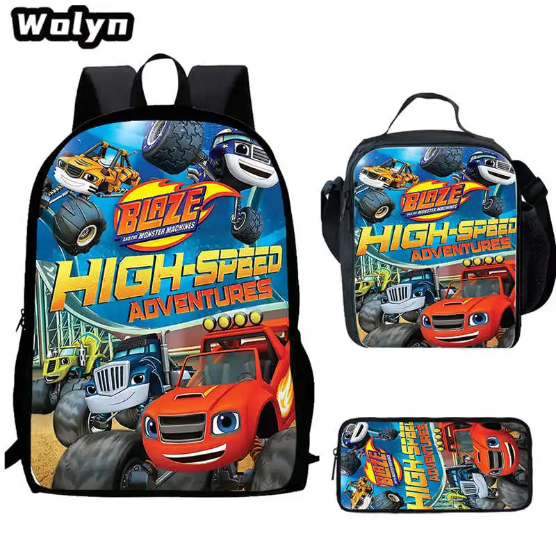 Ensemble de sacs d'école Blaze et les Monster Machines pour enfants, sacs à lunch, trousse à crayons, sac à dos pour enfants, cadeau scolaire, 3 pièces